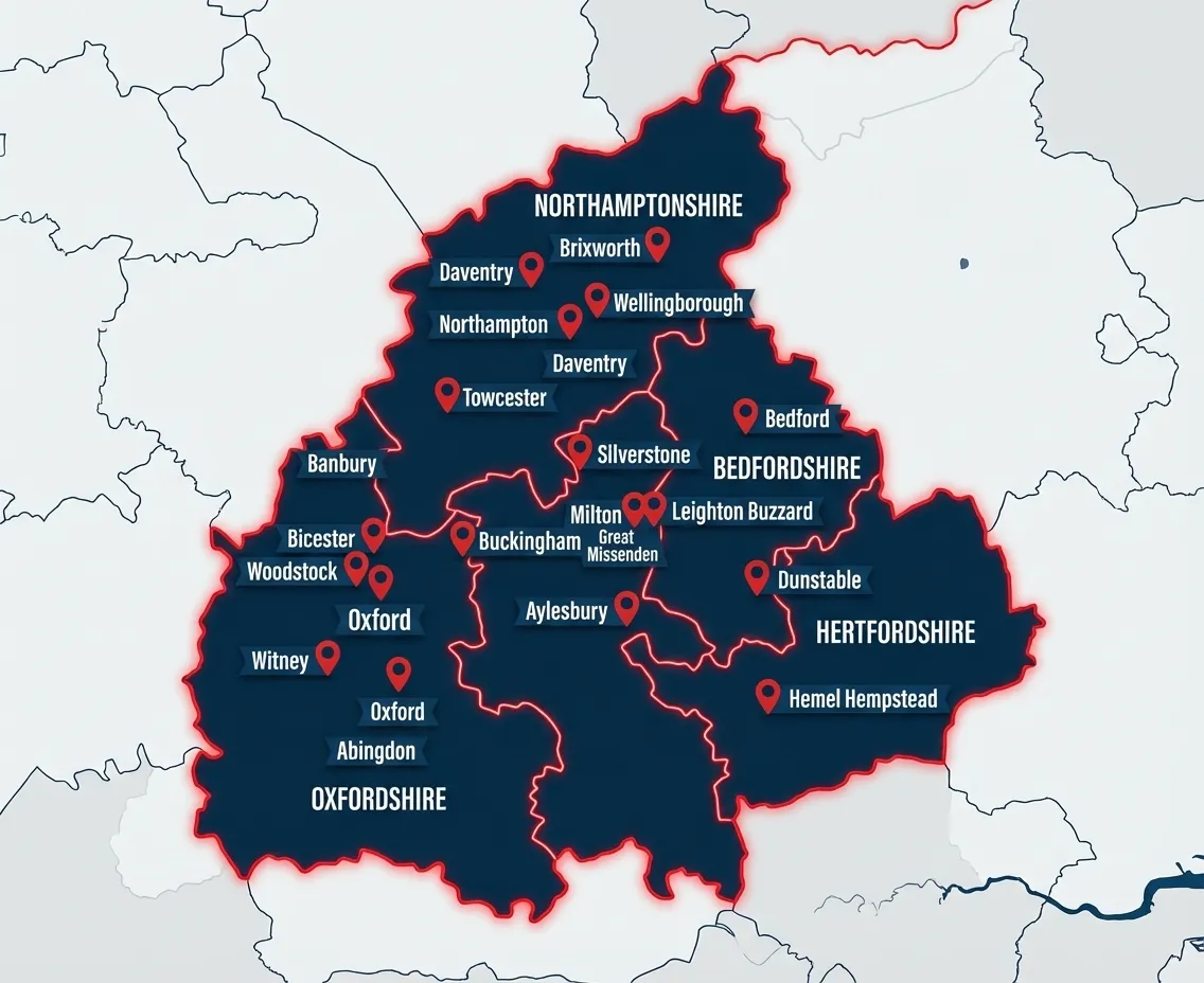 Map showing Stormshield roofing coverage area including Oxfordshire, Northamptonshire, Buckinghamshire, Bedfordshire, and Hertfordshire with key towns marked